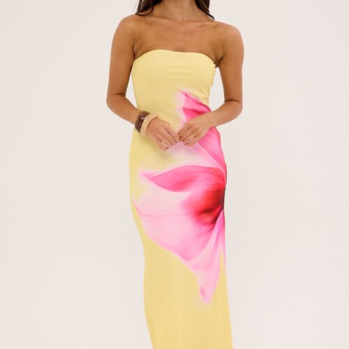 Perfect Stranger Enara Bloom Strapless Maxi Dress Lemon