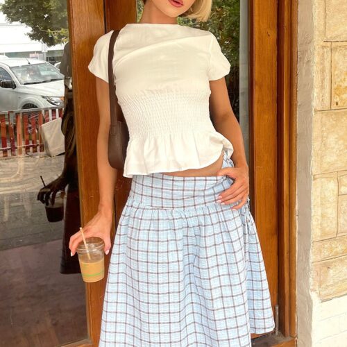 Luck & Trouble Asher Wrap Midi Skirt Blue Check