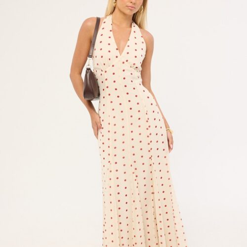 Perfect Stranger Ivana Halter Chiffon Maxi Dress Cream/Red Polka Dot