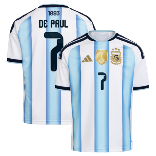 Argentina adidas Home Shirt 2026 – Kids with De Paul 7 printing