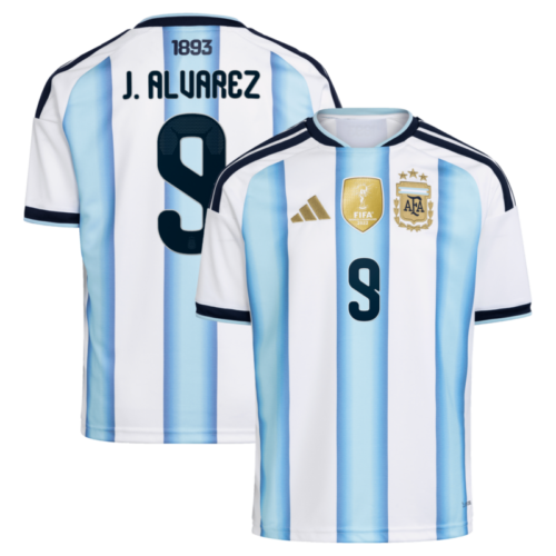 Argentina adidas Home Shirt 2026 – Kids with J. Alvarez  9 printing